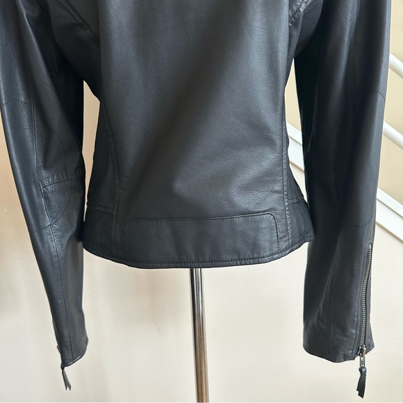 Joie Black Leather Short Round Neck Biker Asymmetric Zip Leather Jacket Sz Large - Picture 8 of 16